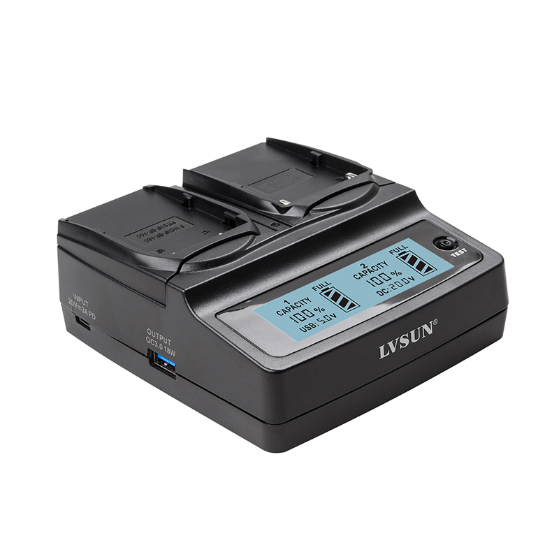 LVSUN dual-bay digital camera battery charger with two adjustable 4.2-17.6V DC outputs and a QC3.0 USB port