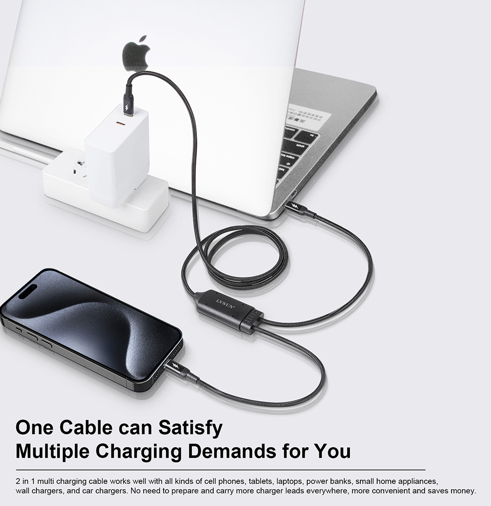 LVSUN PD3.0 USB-C Charger Cable Split Two Ports