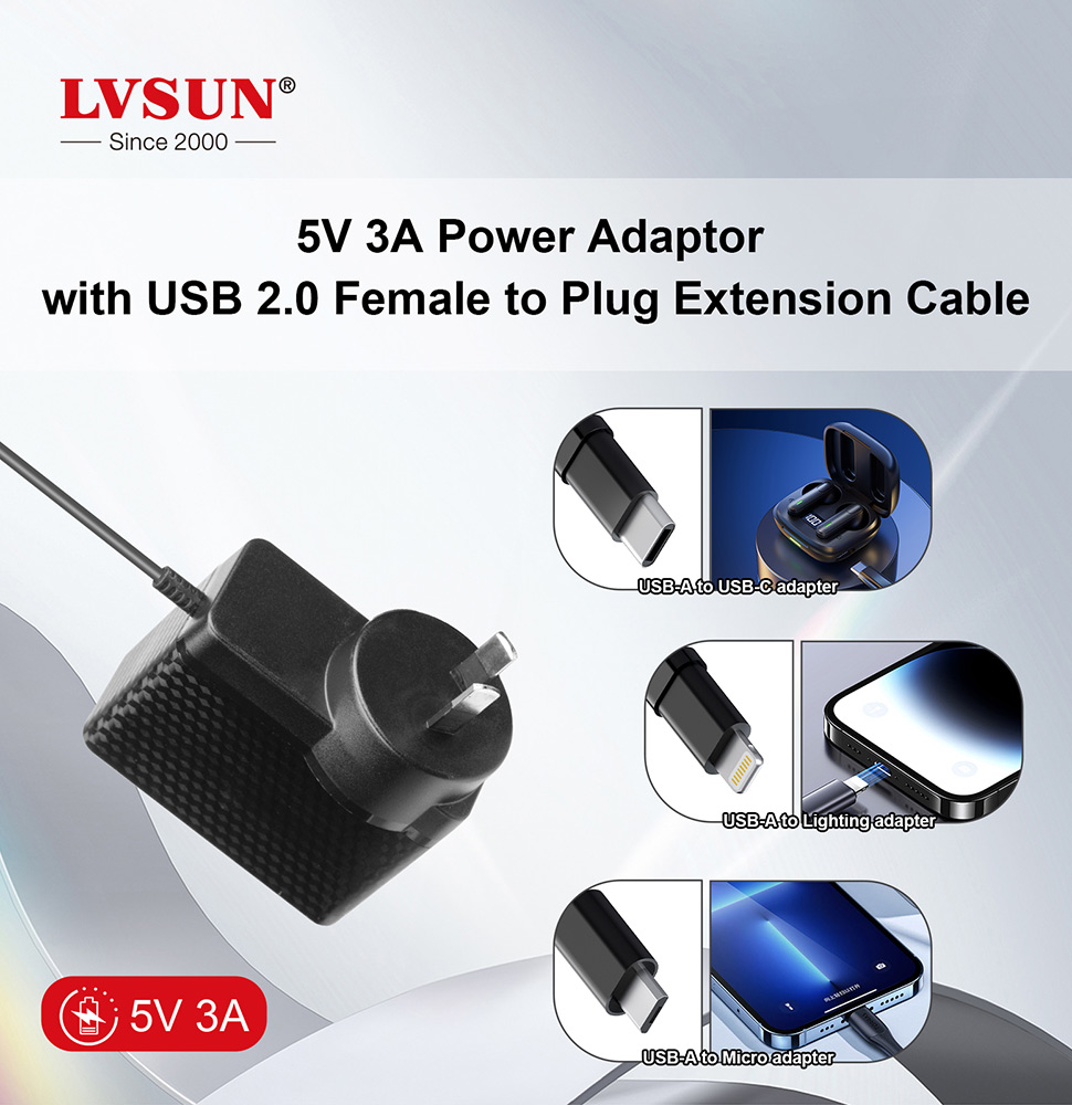 LVSUN 5V 3A Power Adaptor with USB 2.0 Female to Plug Extension Cable