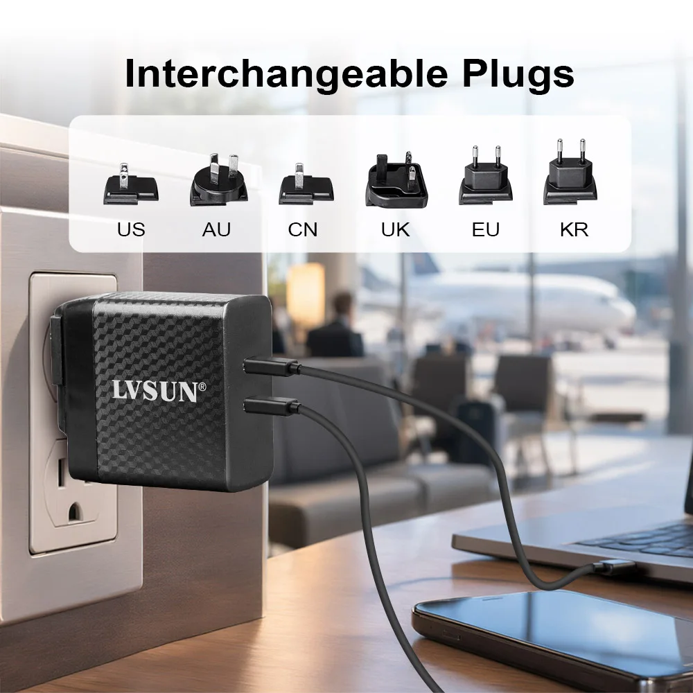 Six interchangeable plugs: US, AU, CN, UK, EU and KR — the charger in a wall socket charging a laptop and a phone at an airport