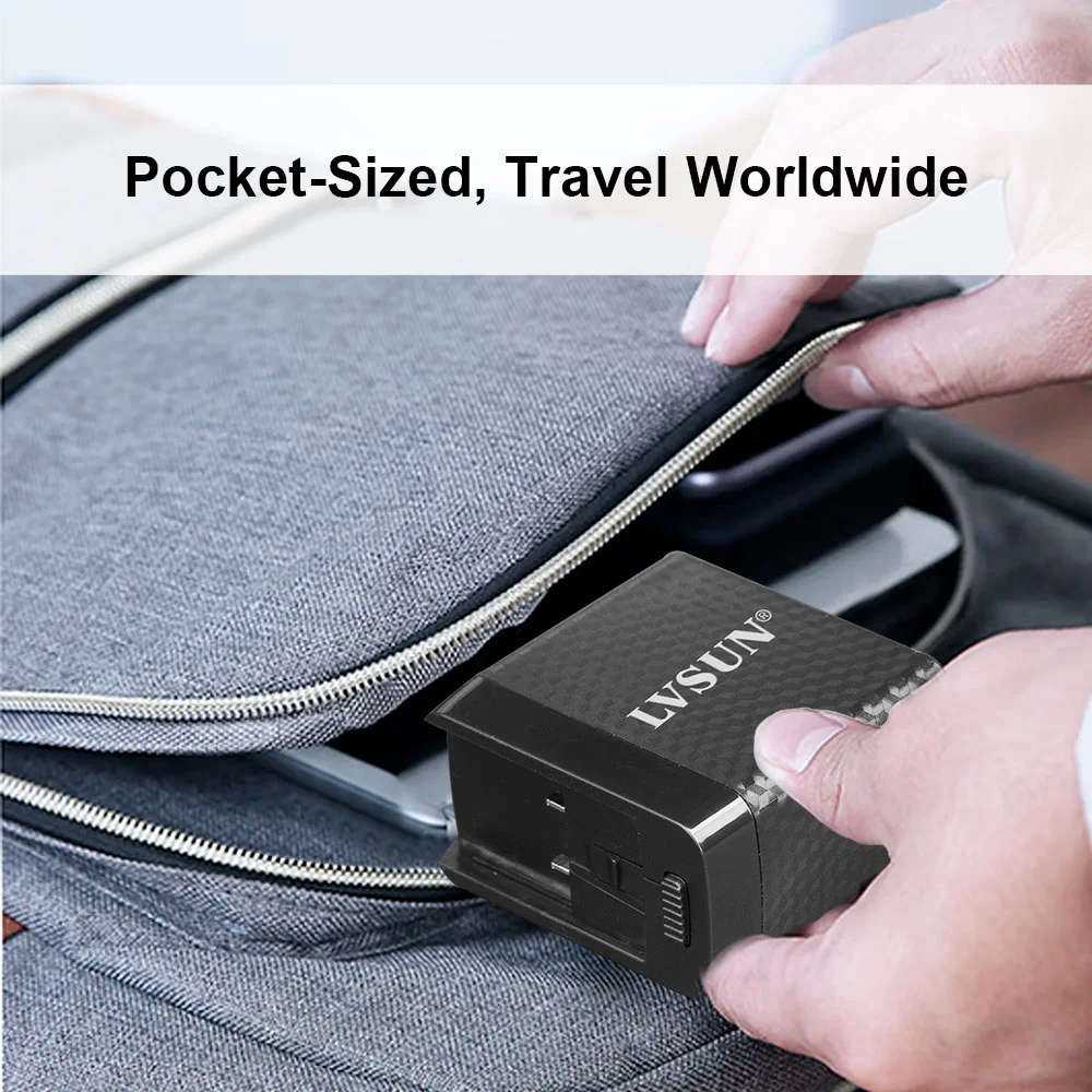 Pocket-sized, travel worldwide: the LVSUN 65W charger being packed into a laptop bag