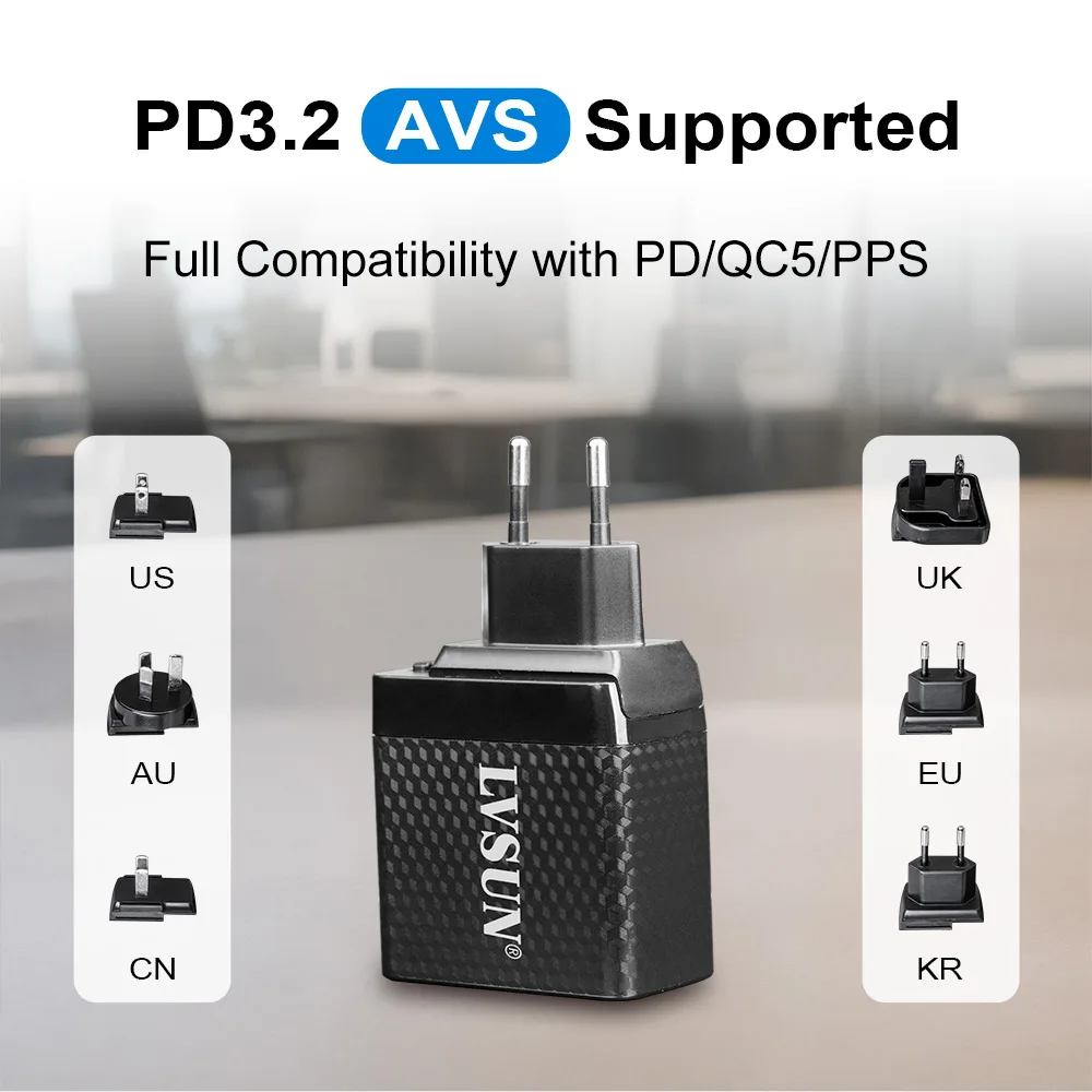 PD 3.2 AVS supported, with full compatibility with PD, QC5 and PPS — the LVSUN charger and its US, AU, CN, UK, EU and KR plugs