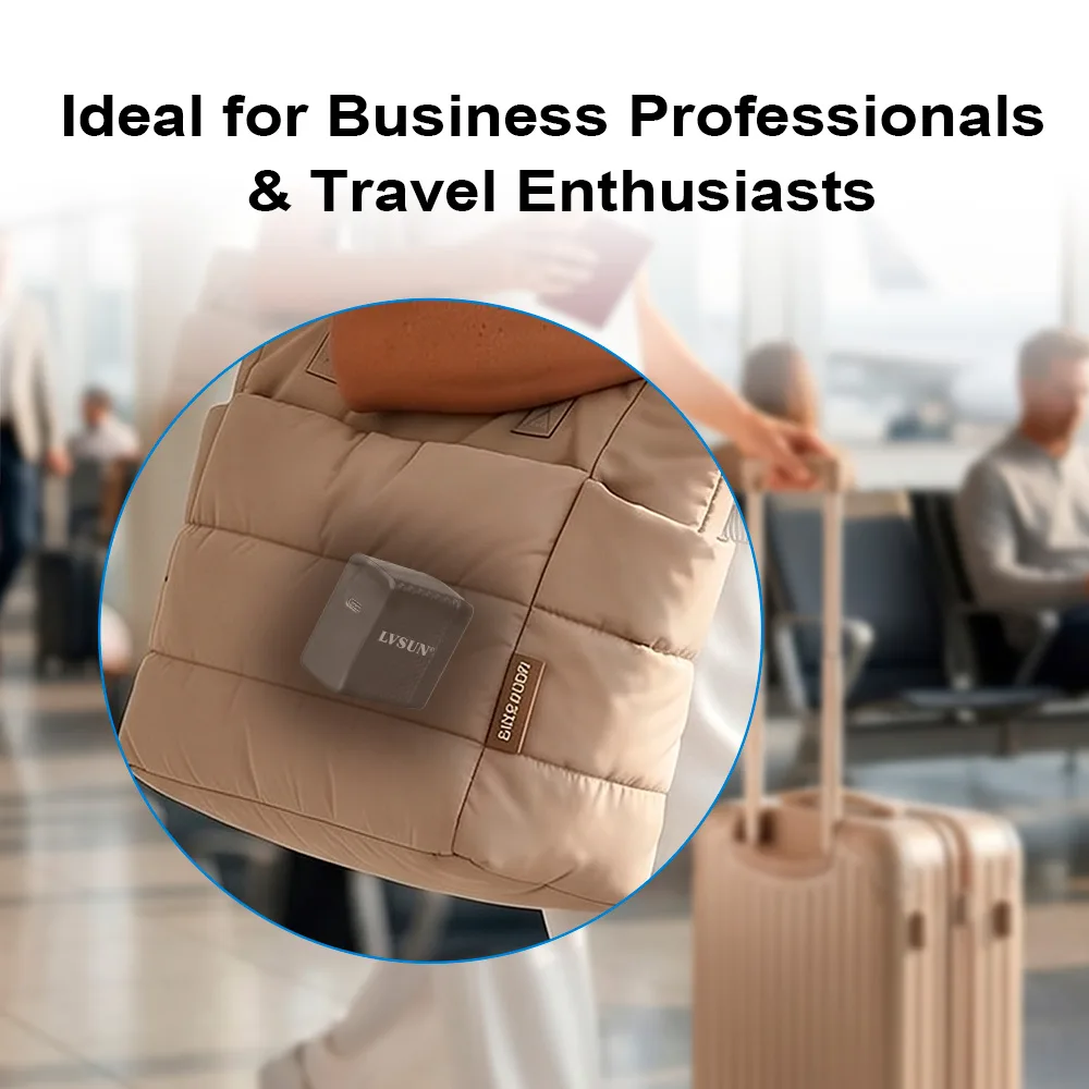 Ideal for business professionals and travel enthusiasts: the LVSUN charger carried in a travel bag at an airport