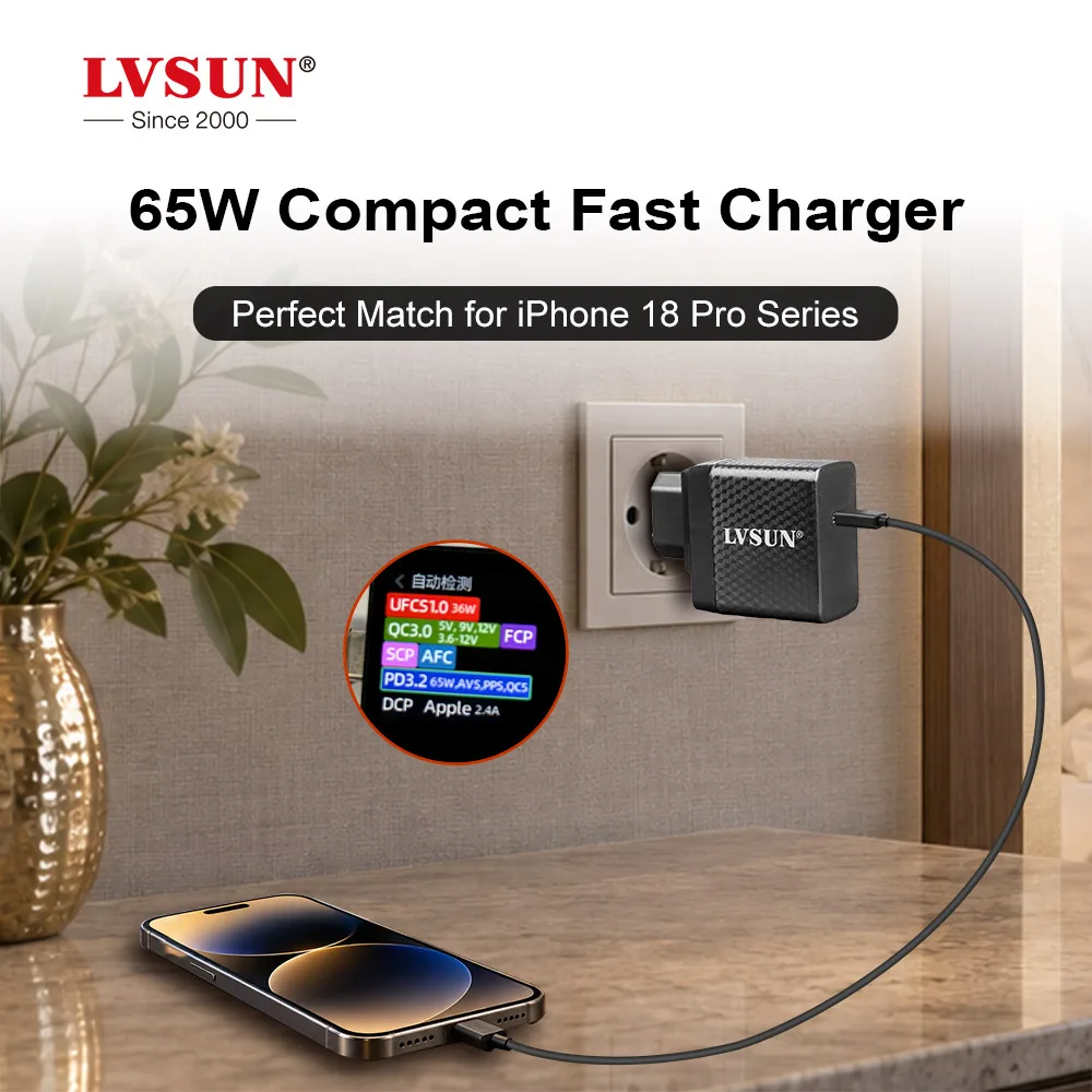 65W compact fast charger, a perfect match for the iPhone 18 Pro series: the LVSUN charger in a wall socket charging an iPhone, with a protocol tester showing PD 3.2 65W, AVS, PPS and QC5
