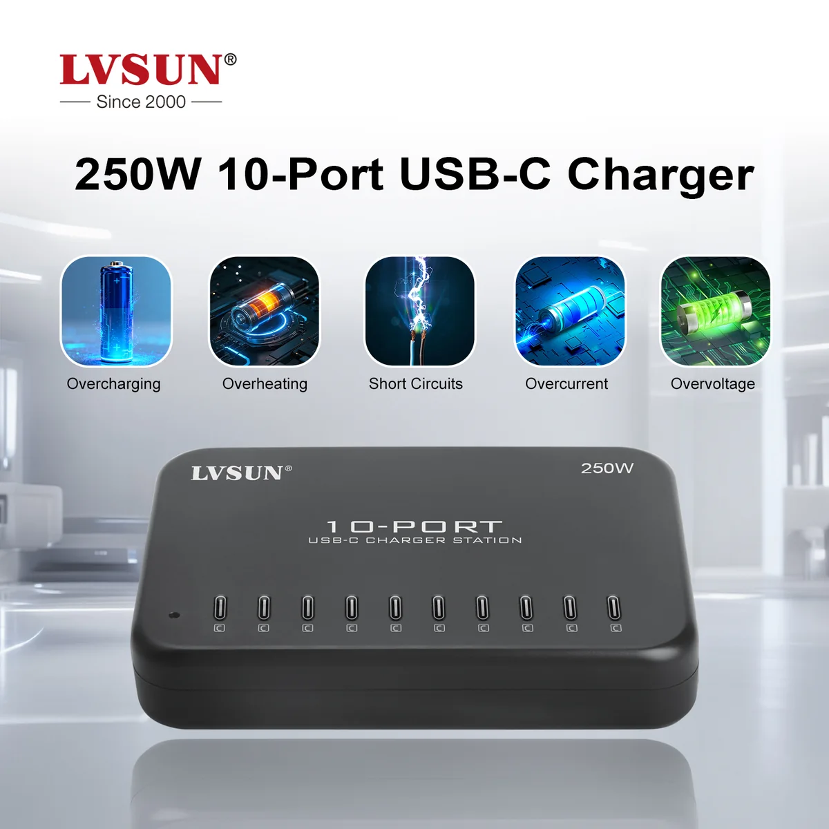 LVSUN Introduces the Upgraded LS-10U24C-250, a 250W 10-Port USB-C Charging Station