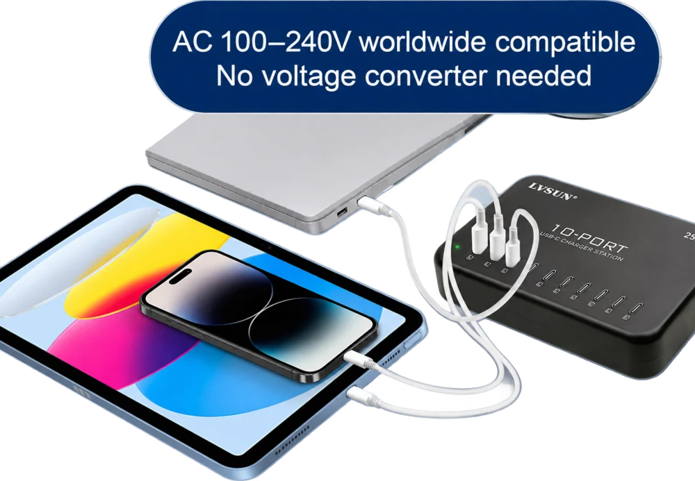 AC 100–240V input, no voltage converter needed: the LVSUN LS-10U24C-250 charging a laptop, a tablet and a phone